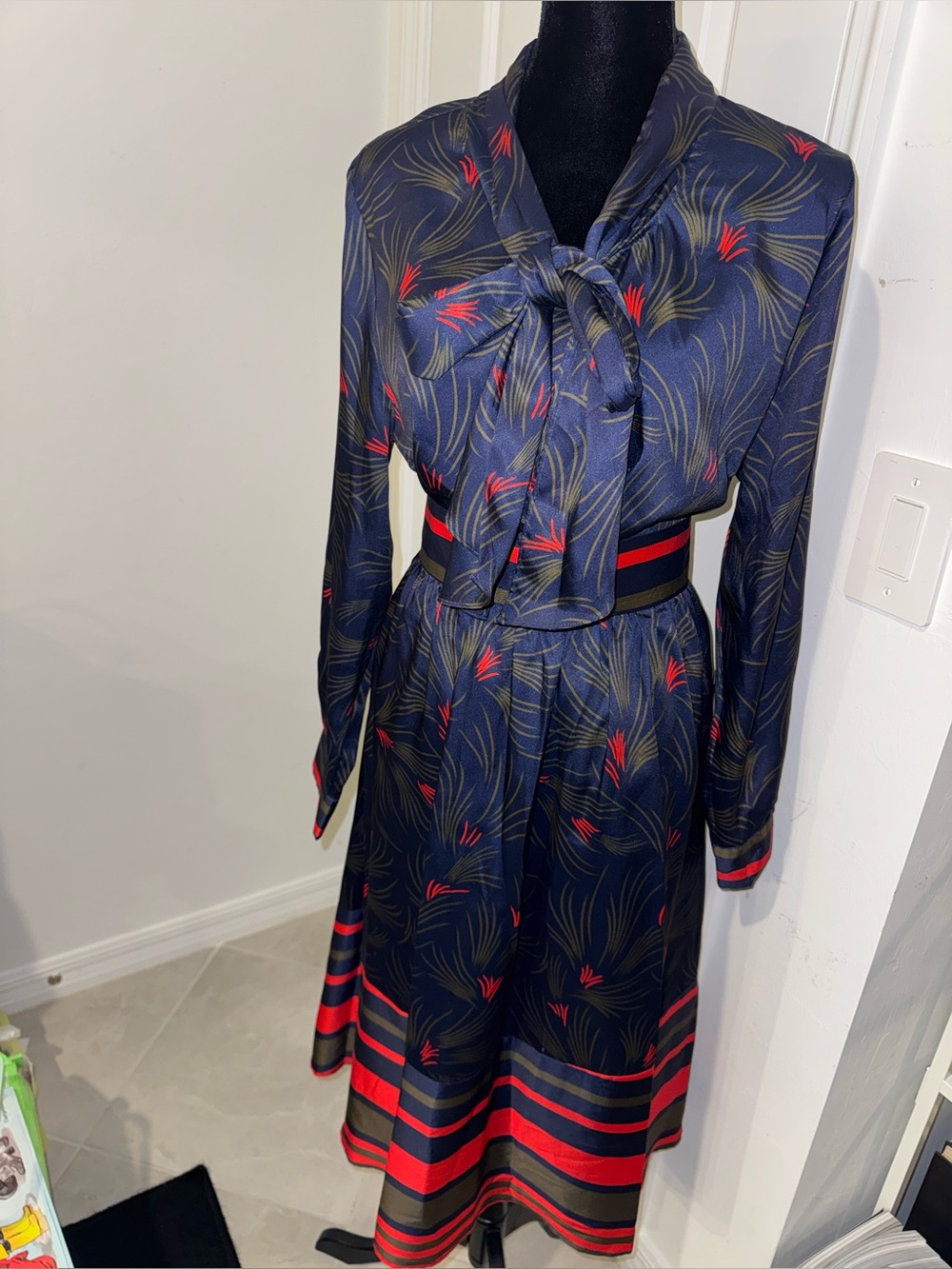 Navy Floral Tie-Neck Longsleeve Midi Skirt Suit with Red and Green Accents